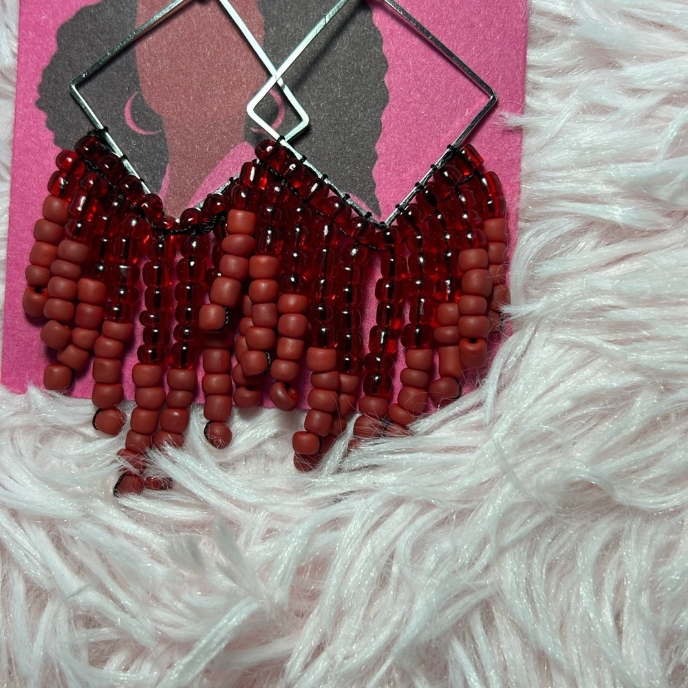 Red Beaded Triangle Fringe Earrings | Handmade Statement Jewelry